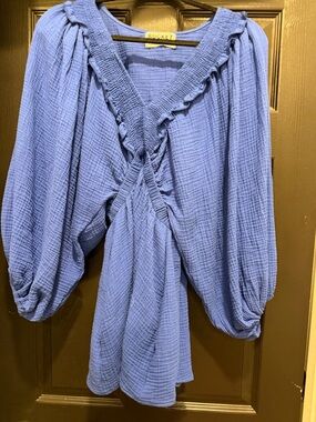 Blue Gauze V-Neck Ruffle Romper